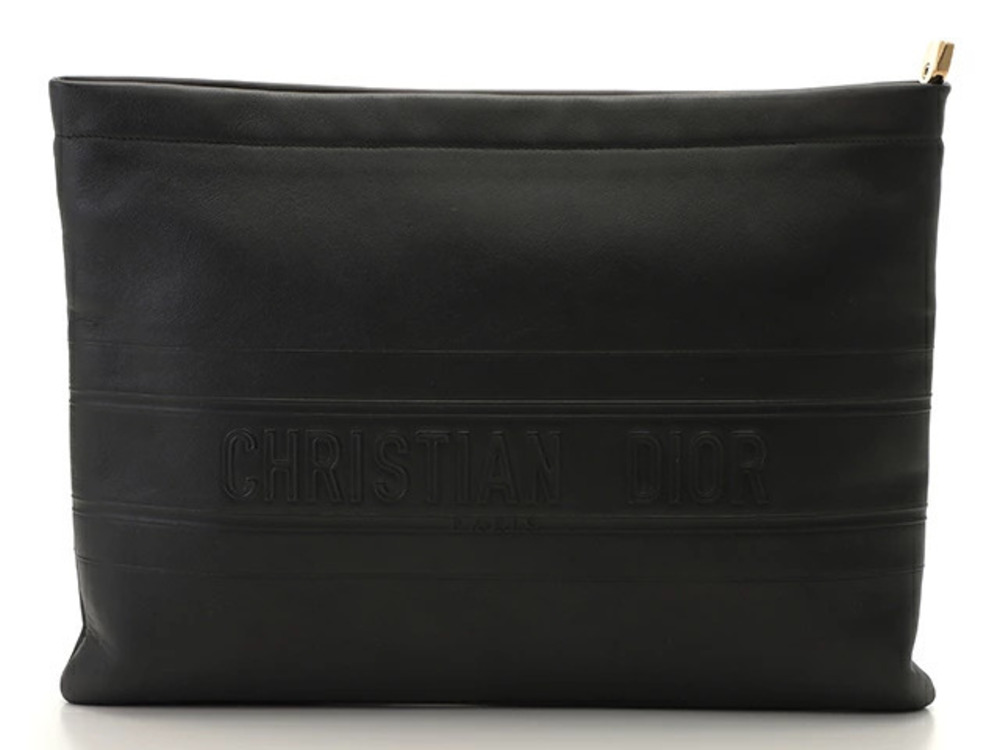 Christian Dior Stripe Pouch Clutch Bag Black Calfskin